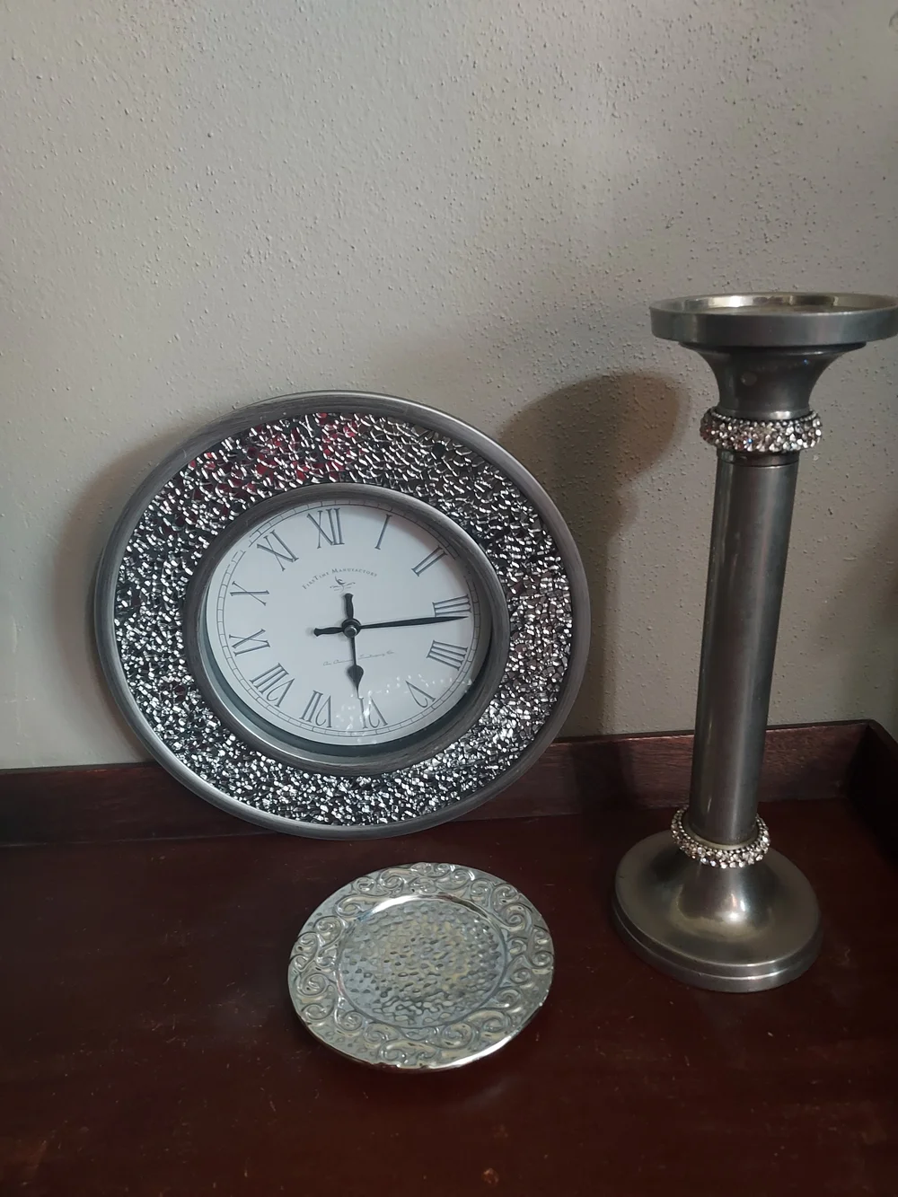 Silver Decorative Wall Clock  Taper And Pillar Candle Holders